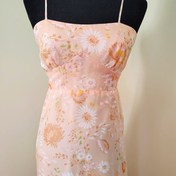 Vintage 70s Orange Sherbet Floral Chiffon Maxi Dress w/ Poet Sleeve Bolero - Picture 6 of 9